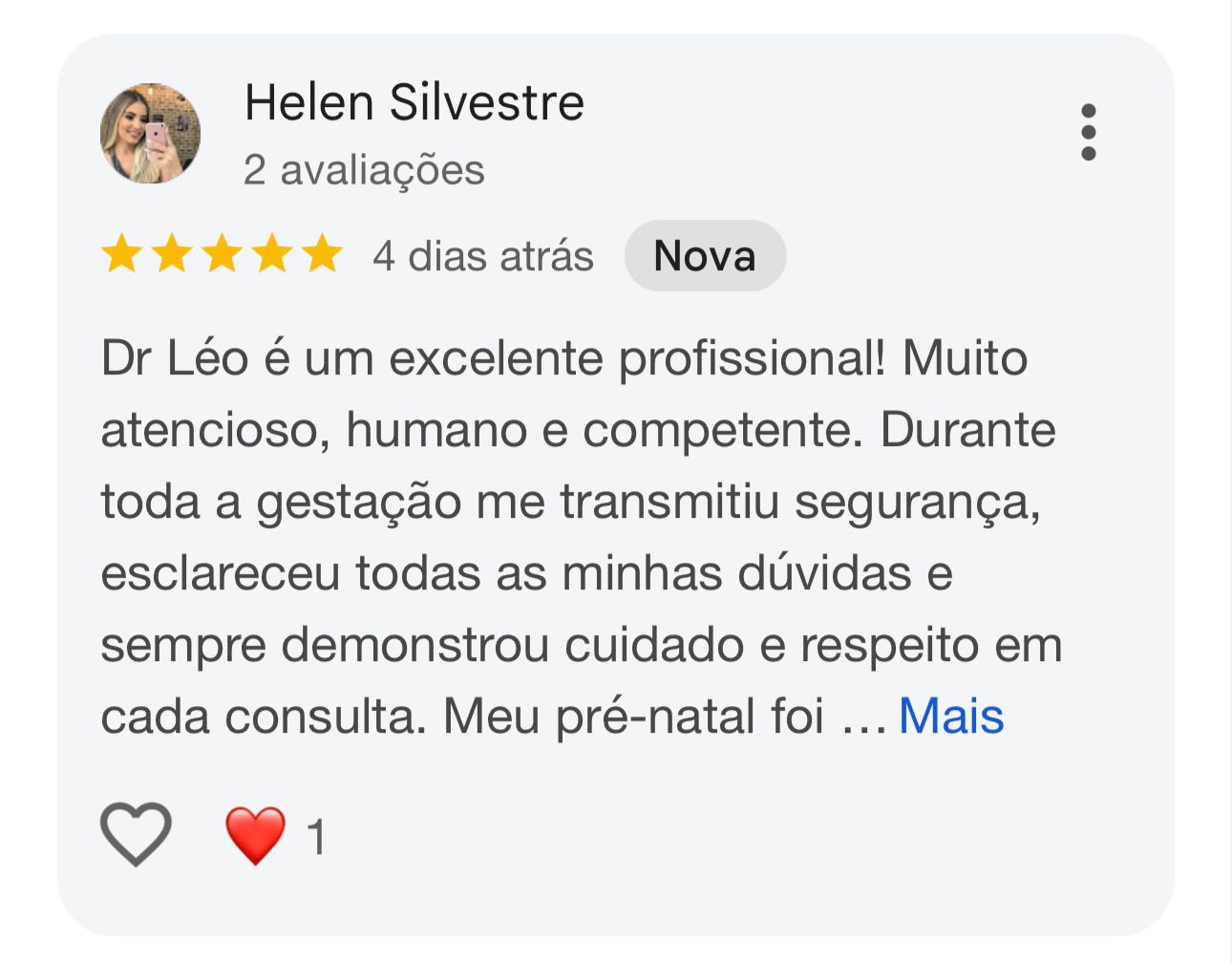 Avaliação de Helen Silvestre no Google sobre o Dr. Leonardo Perez